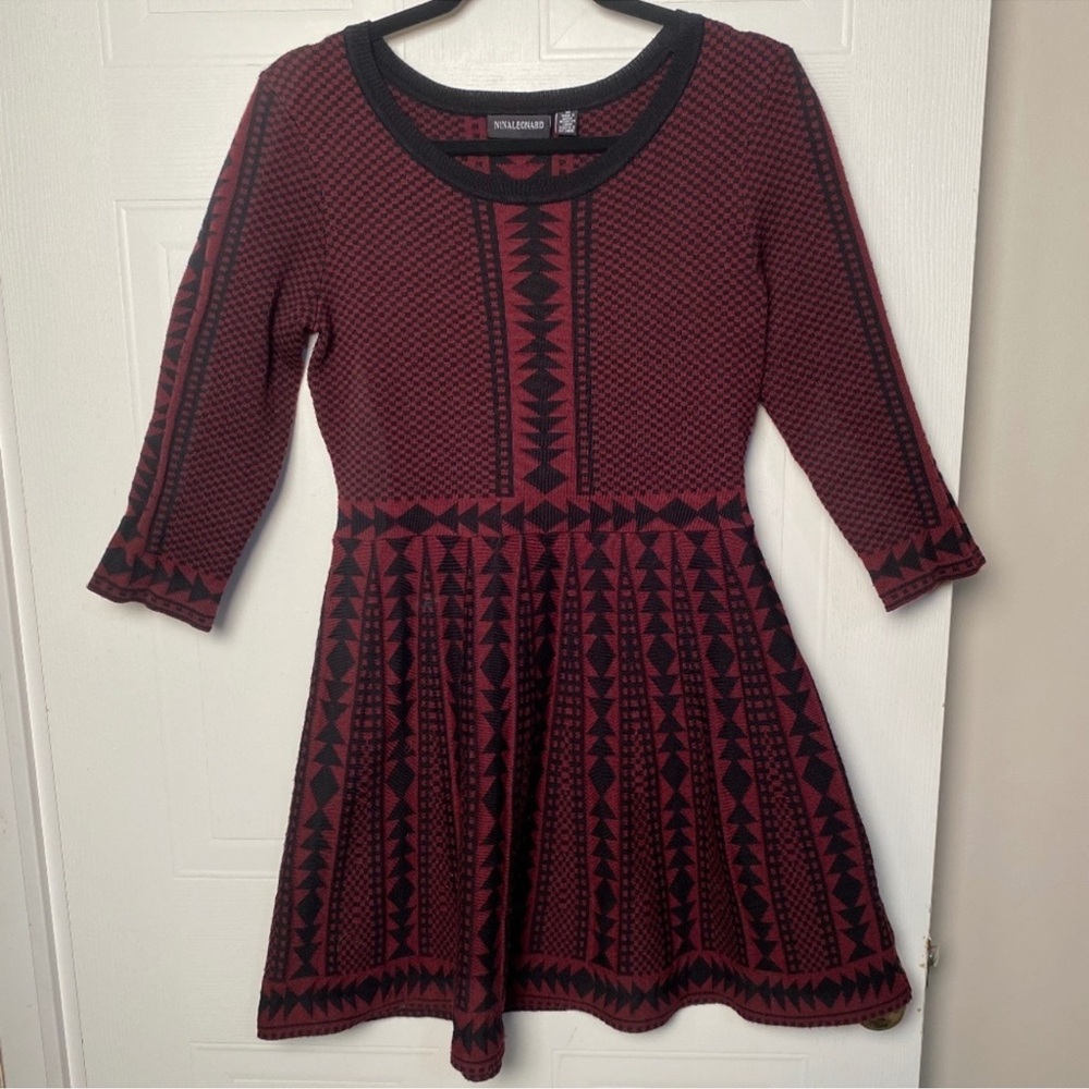 Nina Leonard Red and Black Geometric Midi Dress - Picture 1 of 7